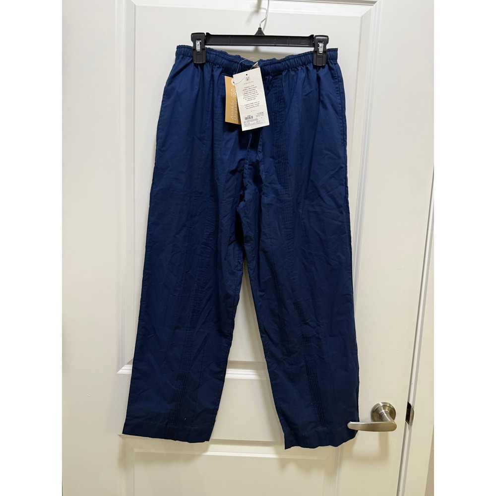 Anokhi Organic Navy Blue Slim Pleated Trousers Cotton Elastic Waist Pants M